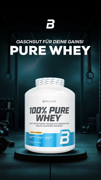 A high-contrast, gym-themed advertisement featuring a single jar of Pure Whey protein on a display stand, emphasizing the product's benefits with bold typography.